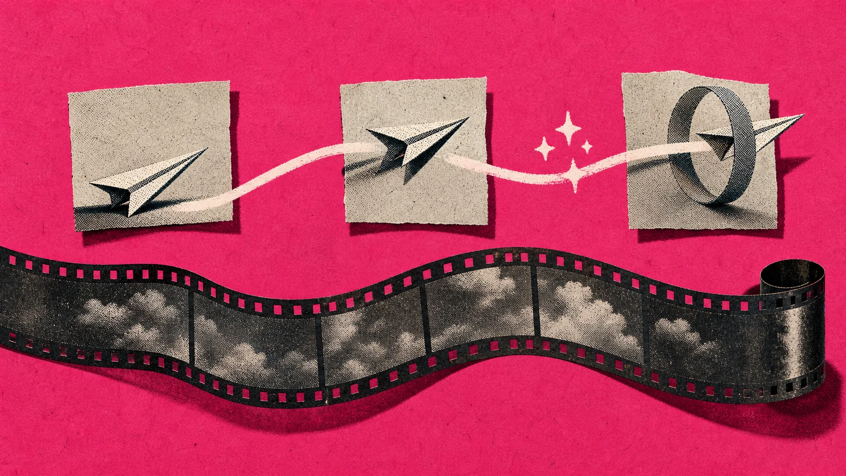 Three paper-airplane keyframes connected by one uninterrupted interpolation path without cuts