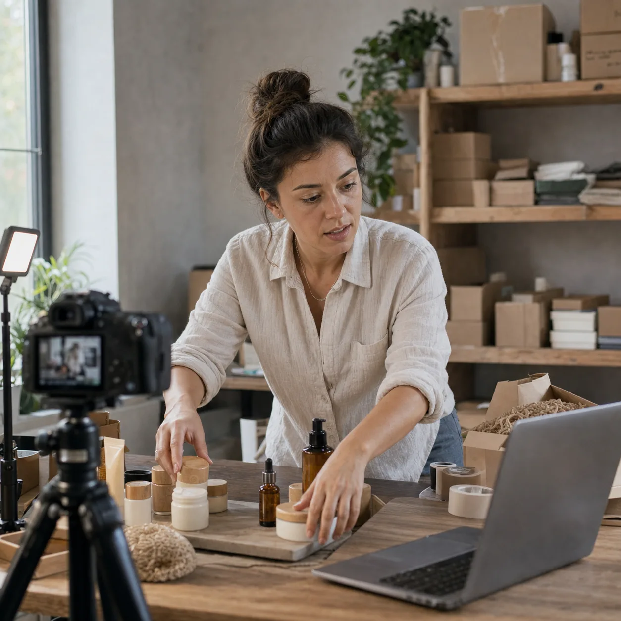 A DTC founder filming products for a launch video